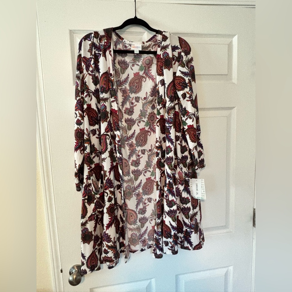 LuLaRoe Cream Paisley Top with Pink, Teal & Burgundy Motifs